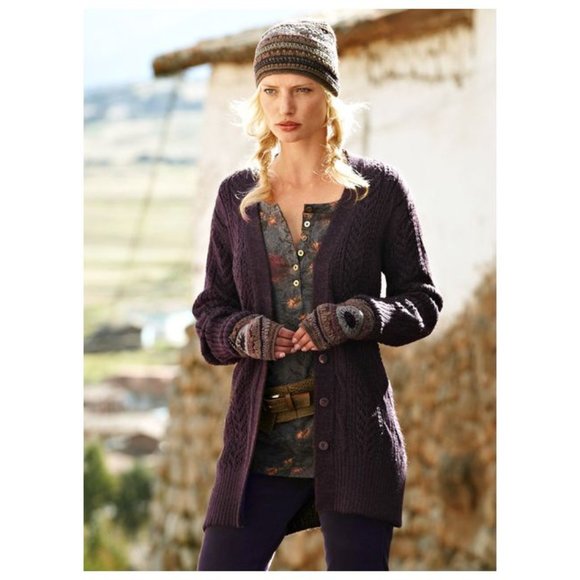 PERUVIAN CONNECTION Alpaca Boyfriend Long Cardigan Sweater Plum sz M Women's - Picture 2 of 9